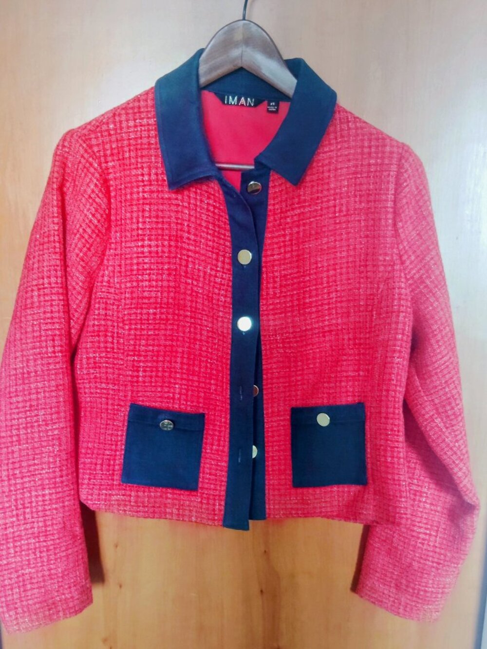 IMAN red tweed jacket with a navy blue (denim-style) collar
